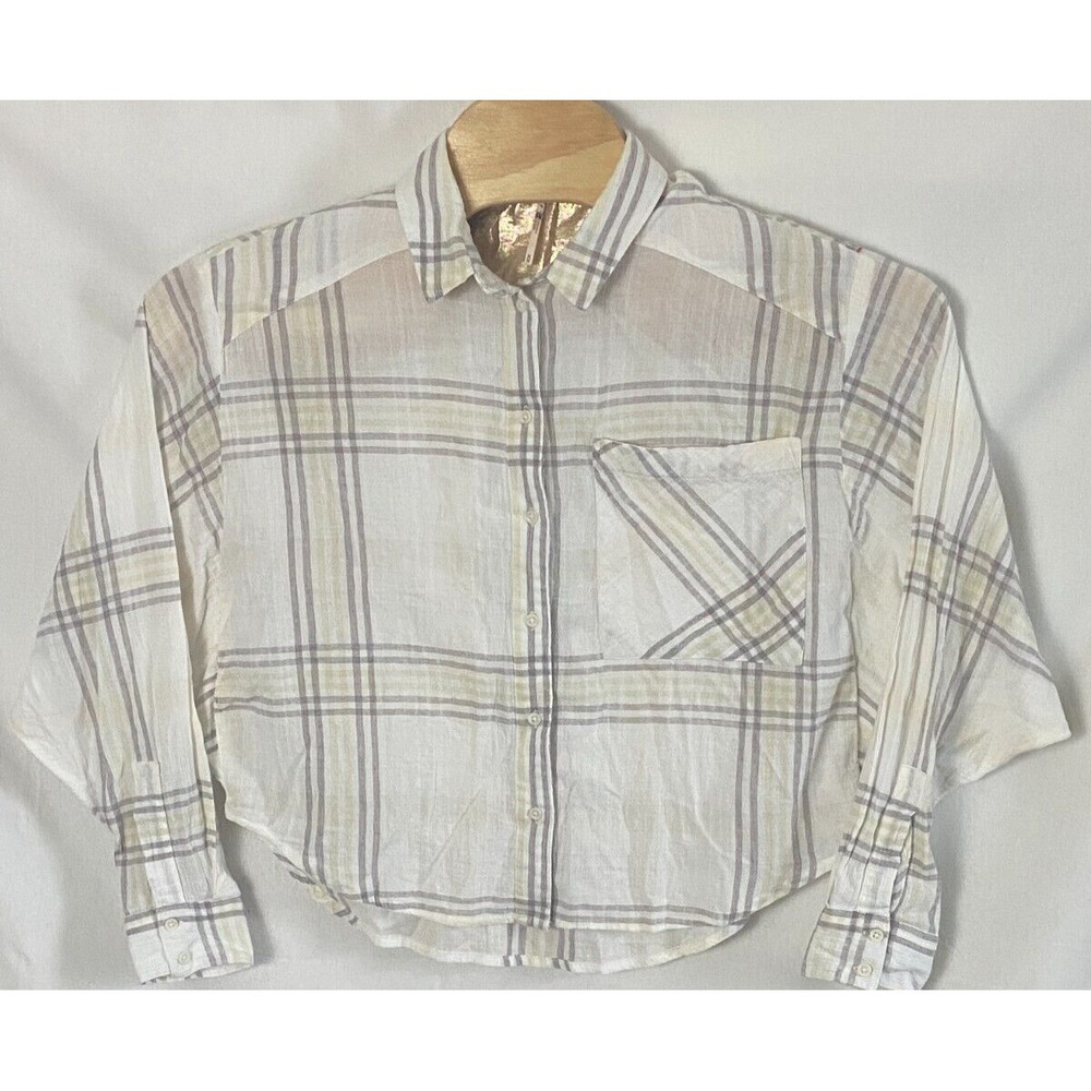 Free People Womens Cutie M Plaid Shirt White Yellow Long Sleeve Batwing‎ Dolman
